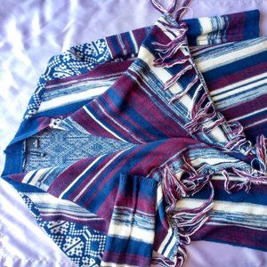 New Direction Long Drape Blue White Burgundy Striped Cardigan Sweater